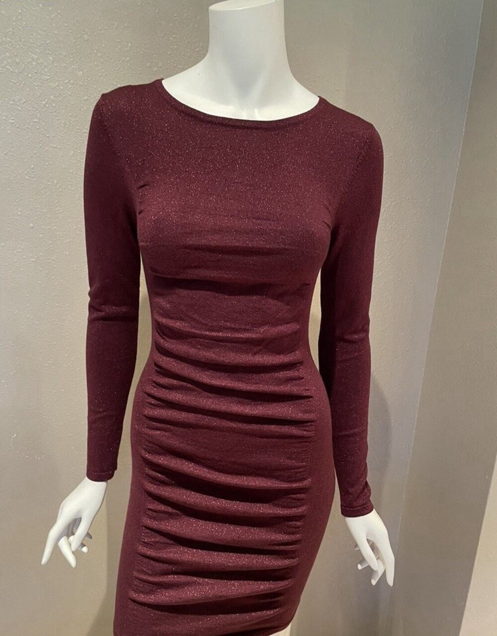 Express Ruched Body on Dress Red Maroon Silver M Medium Glitter